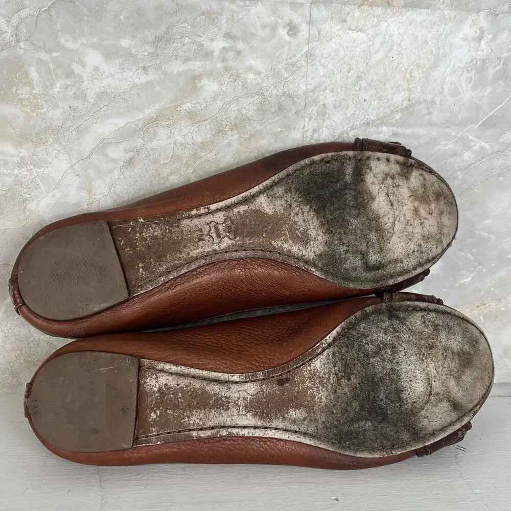 Tory Burch Brown Pebbled Leather Gold Reva Buckle Elina Ballet Flats Size 7M